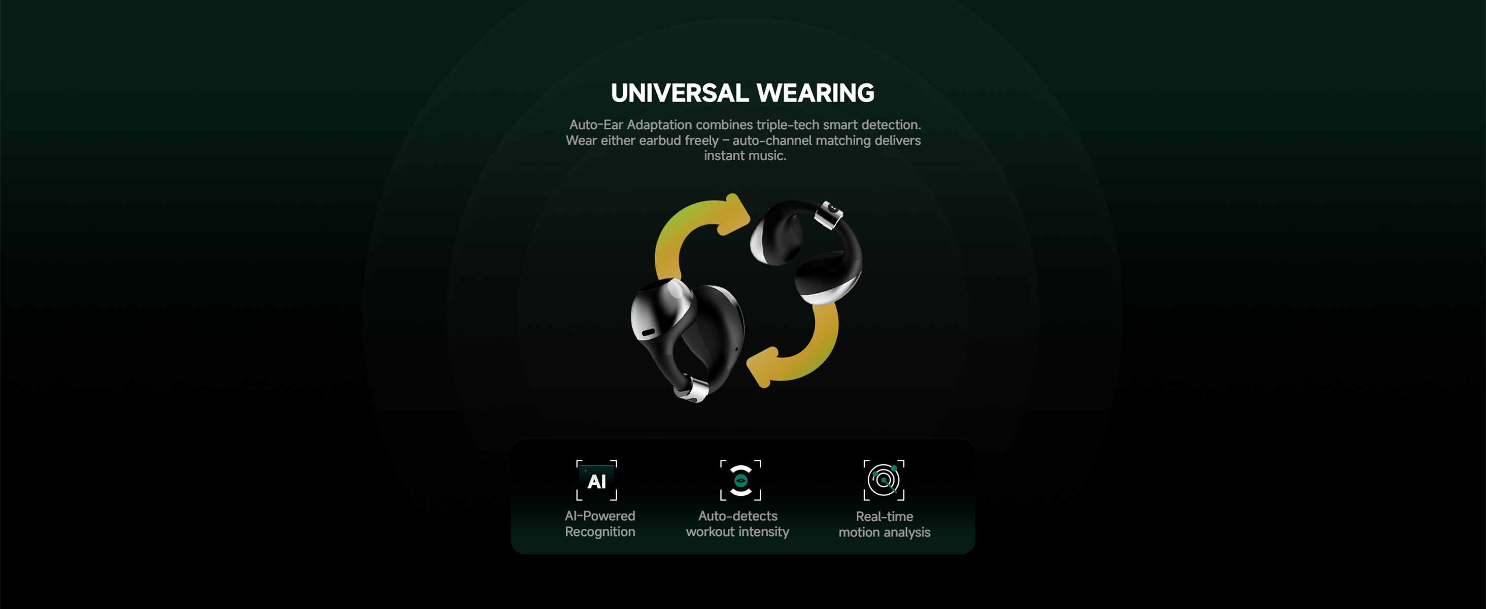 UNIVERSAL WEARING
Auto-Ear Adaptation combines triple-tech smart detection.Wear either earbud freely - auto-channel matching deliversinstant music.