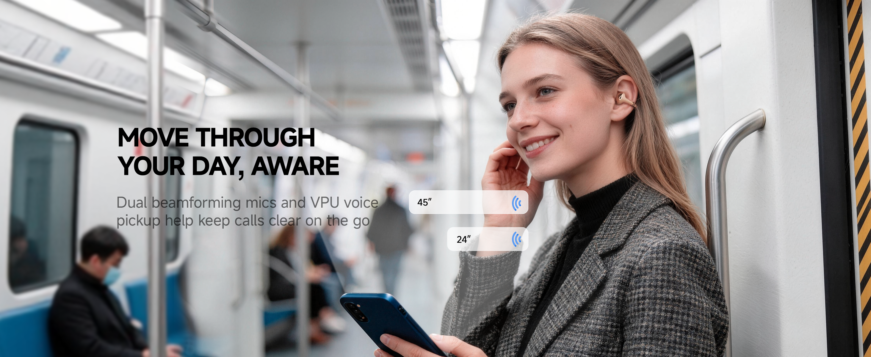 MOVE THROUGH YOUR DAY, AWARE
BUTTONS Clip open-ear AI earbuds with dual microphones for clear calls